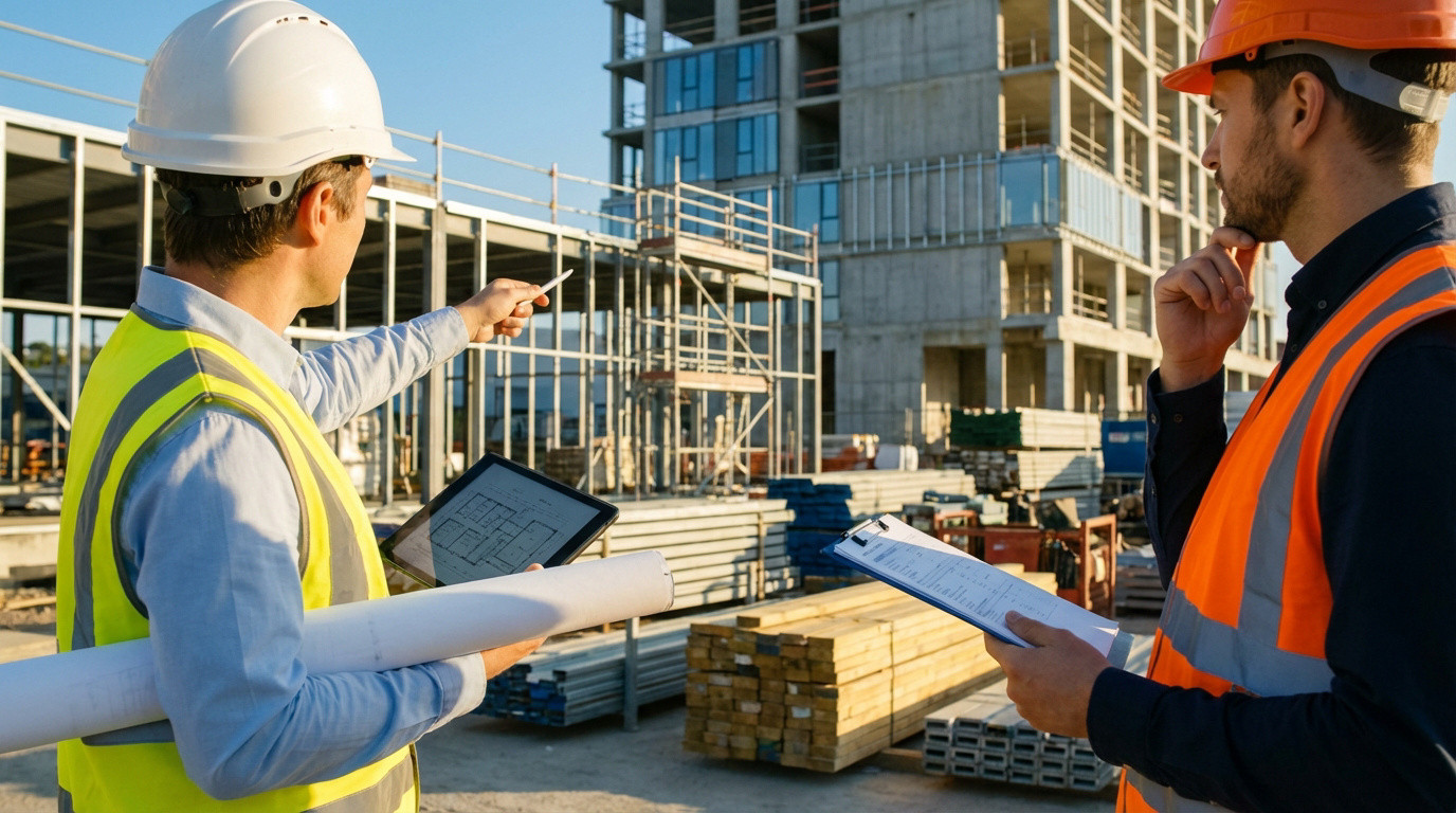 Deux hommes en casques et gilets de sécurité discutent sur un chantier. L'un pointe une direction, l'autre tient un rapport.