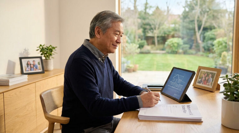Un homme âgé d'origine asiatique rédige des documents de planification de retraite et immobilière avec un plan de maison sur une tablette.