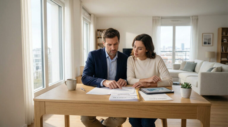 Couple étudie des documents et une tablette sur une table en bois dans un salon lumineux. Préparation pour un achat immobilier.
