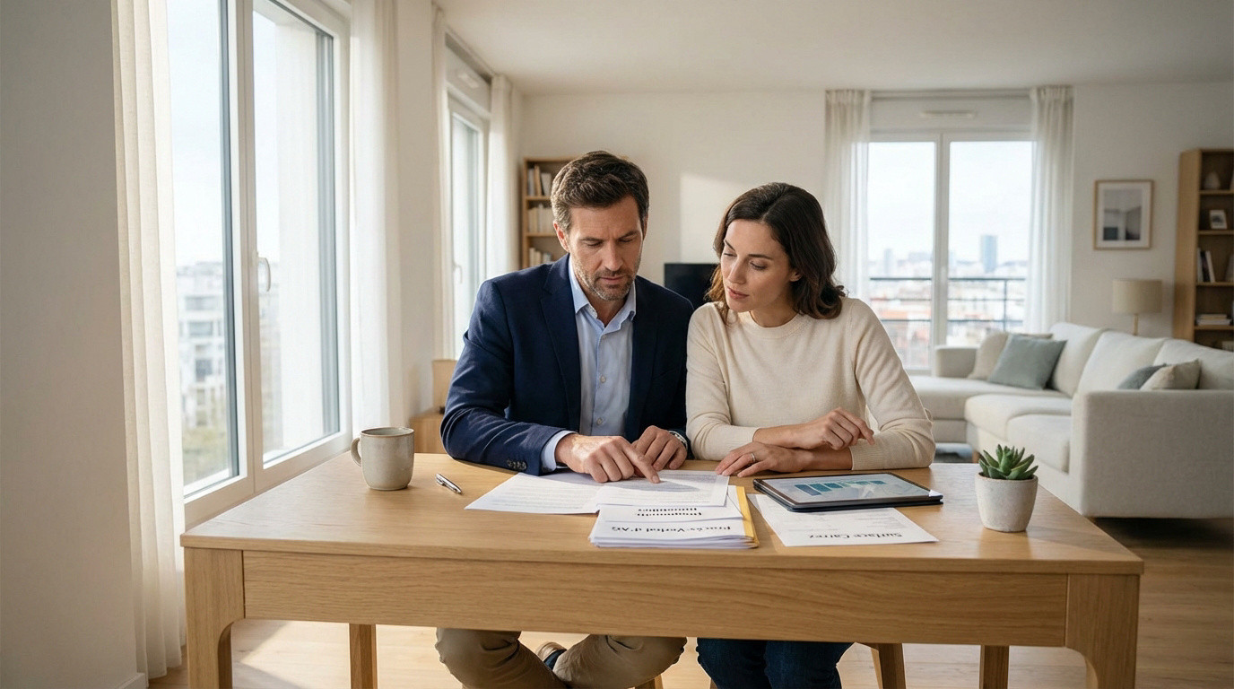 Couple étudie des documents et une tablette sur une table en bois dans un salon lumineux. Préparation pour un achat immobilier.