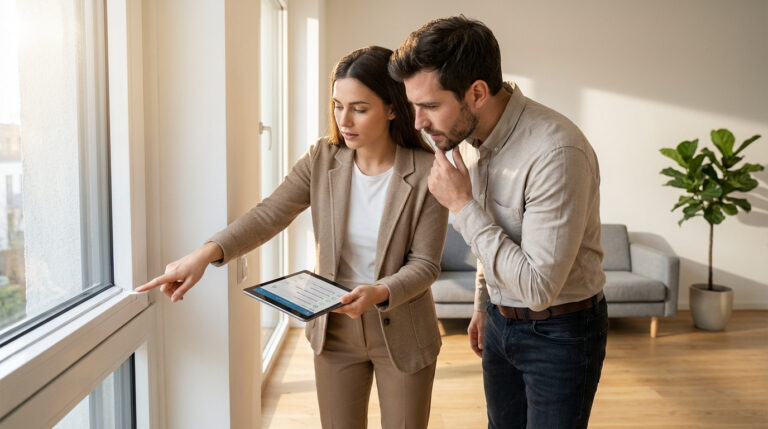 Un couple inspecte une fenêtre lors d'une visite d'appartement. La femme pointe un détail, tenant une tablette, l'homme regarde attentivement.
