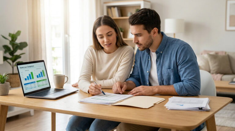 Un jeune couple assis à une table examine des documents financiers et un ordinateur pour un prêt immobilier.