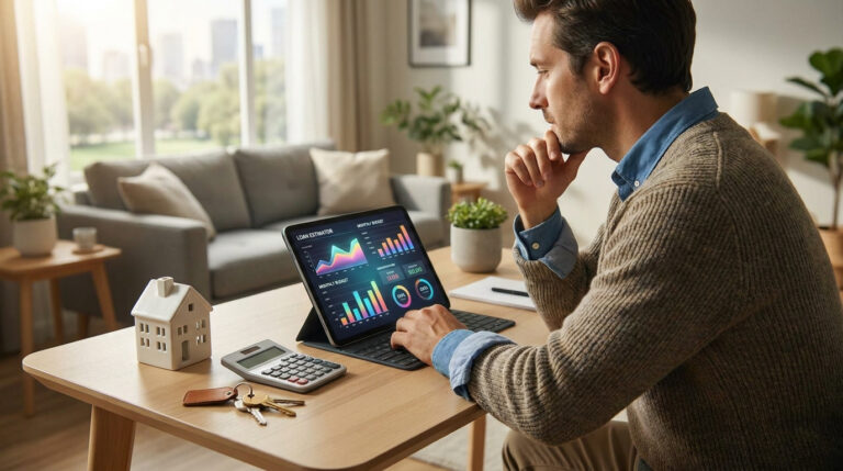 Un homme consulte des graphiques de prêt immobilier sur une tablette dans un salon lumineux.