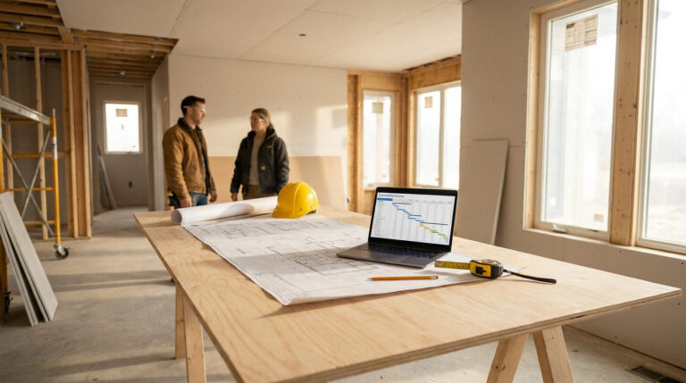 Un ordinateur portable affichant un planning de chantier sur une table en bois au milieu d'une maison en rénovation.