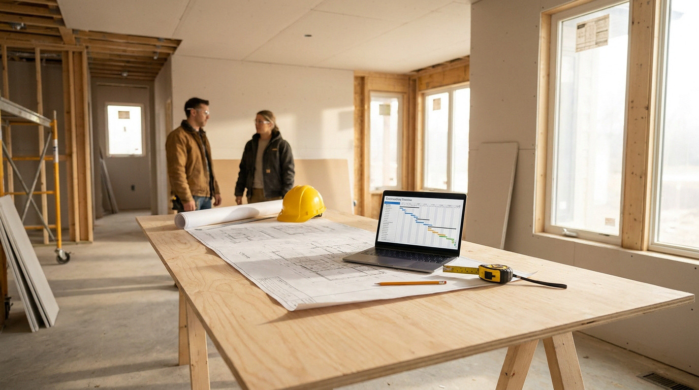 Un ordinateur portable affichant un planning de chantier sur une table en bois au milieu d'une maison en rénovation.