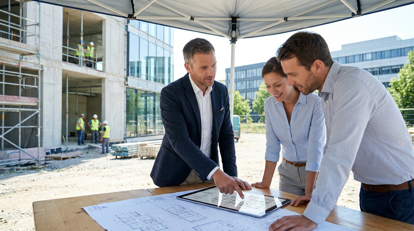 Un architecte et des clients examinent des plans de construction sur une tablette numérique sous une tente de chantier.